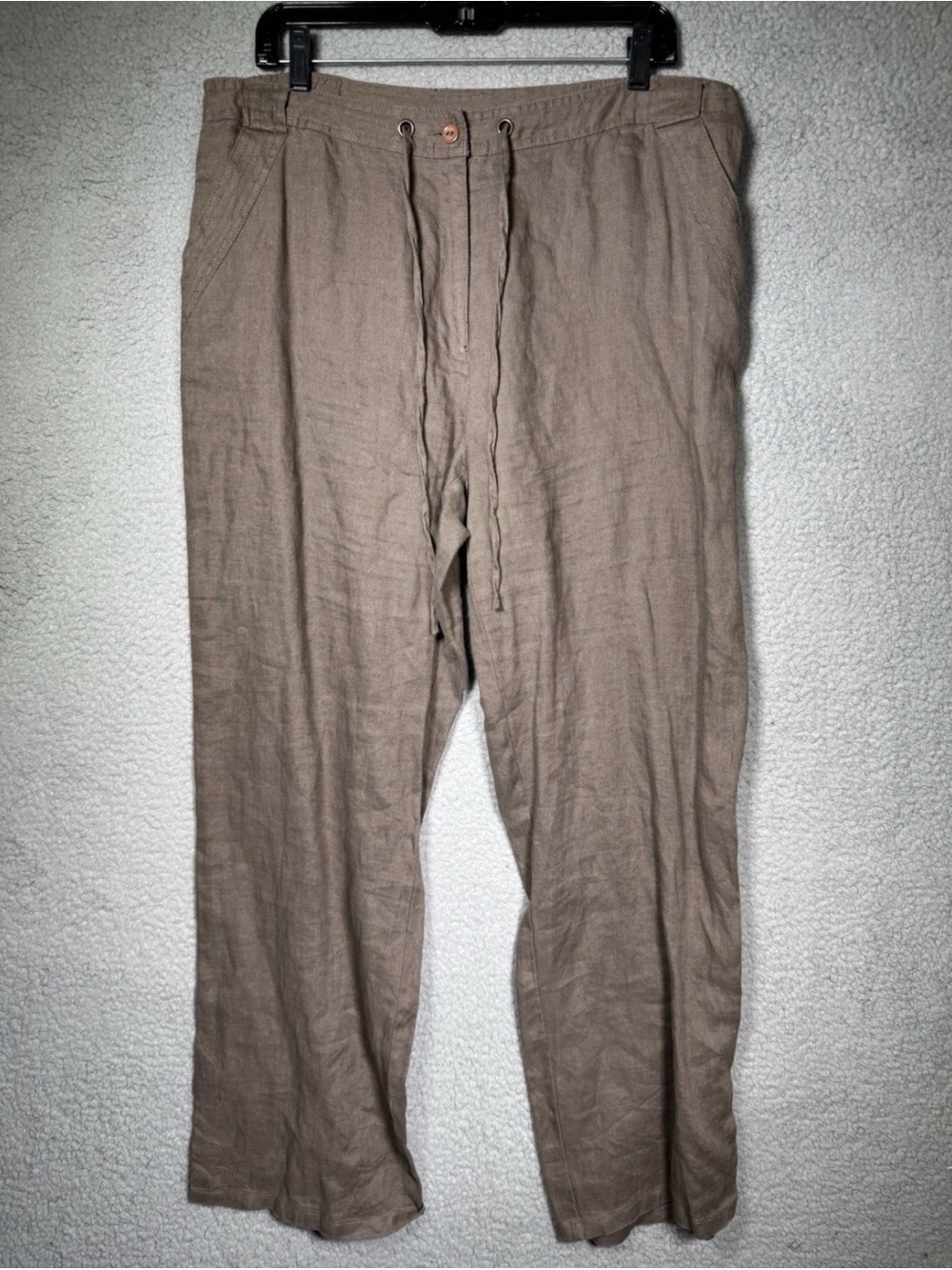 100% Linen Drawstring Pants Relaxed Fit Taupe Minimalist Coastal Resort Size 14